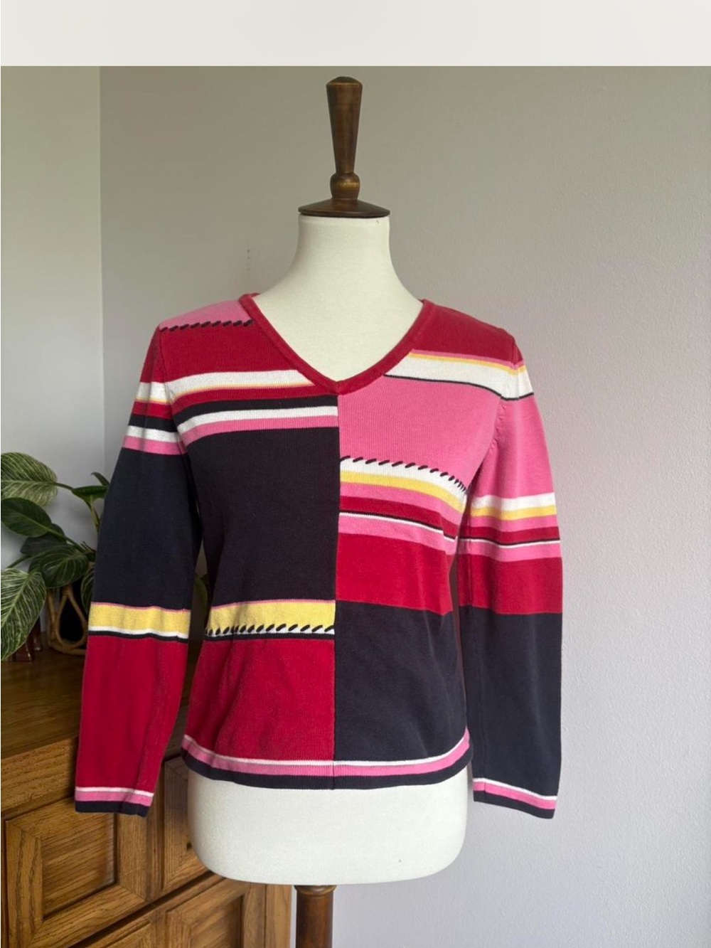Liz Claiborne Pink, Red & Black Striped V-Neck Sweater